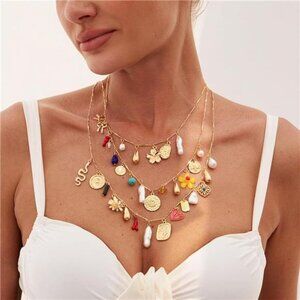 Boho Layered Necklace Set | Gold Beads with Bow, Pearl & Cross Charms